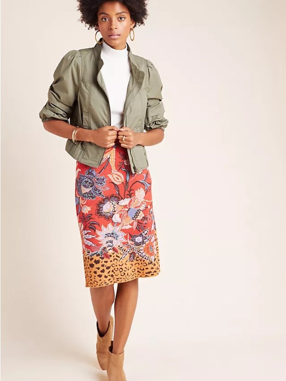 Anthropologie x Maeve Delphinia Fall Knit Pencil Skirt Floral & Leopard Print